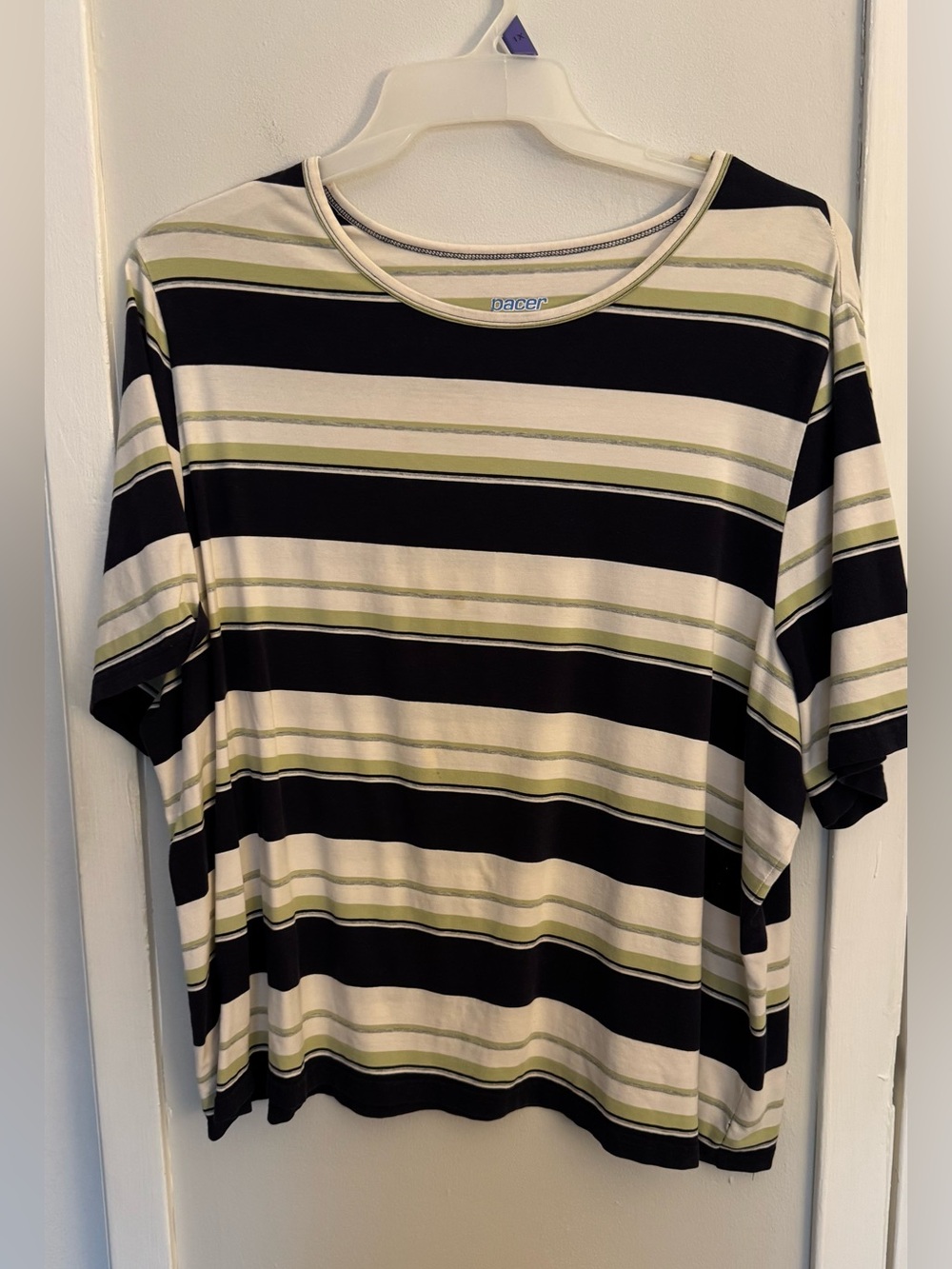 Pacer Woman 2X Black Green White Striped Stretch Knit Top